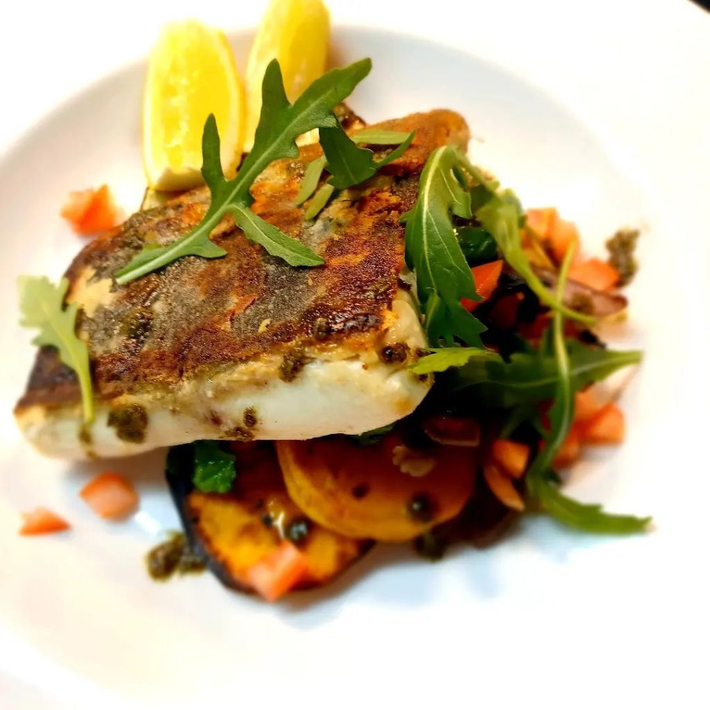 The Fox Inn Souldern - Pan Fried Halibut on Grilled Veg and Rosemary Lemon Dressing